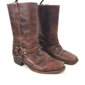VTG Hunac Brown Leather Harness Boots Square Toe Western Size 43 Men’s US 10